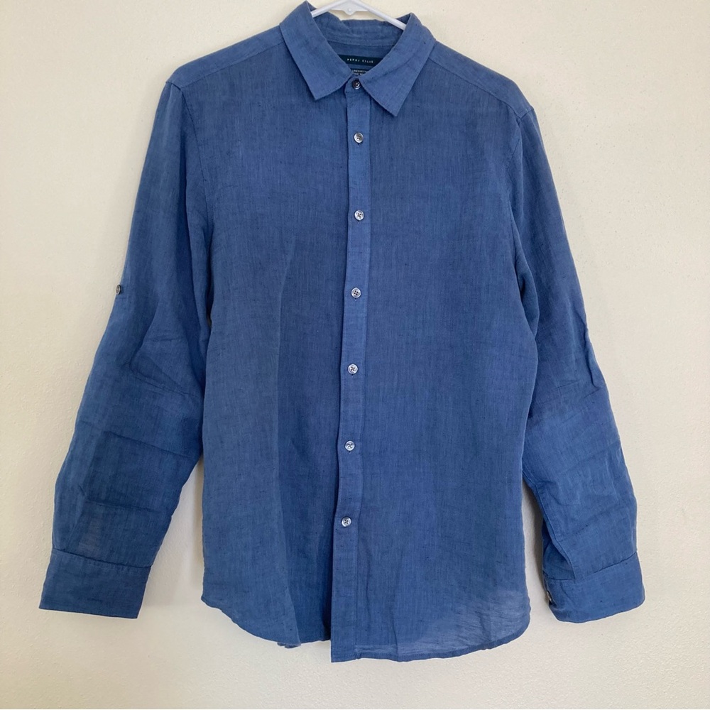 Perry Ellis - Linen Long Sleeve Blue Button Shirt Medium
